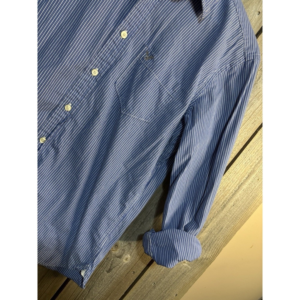 American Eagle Mens Medium Athletic Fit Blue White Stripe Button Up Oxford Shirt - Picture 4 of 8